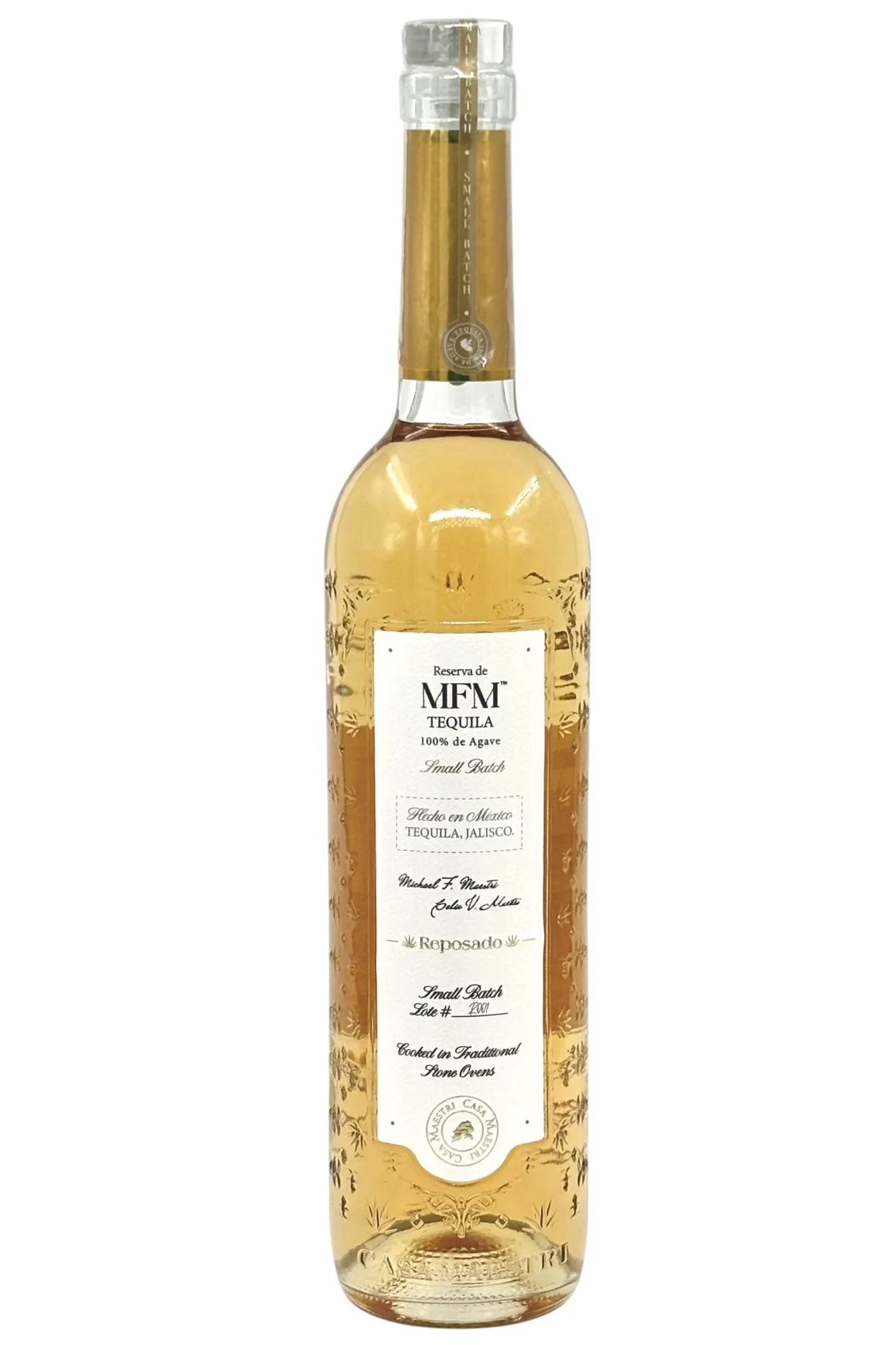 Casa Maestri Reserva de MFM Reposado Tequila 100% Blue Agave 7 Year Agave One Time Used Whiskey Barrel Ceramic Collectible Bottle NOM 1438 40% ABV 80 Proof 750ml