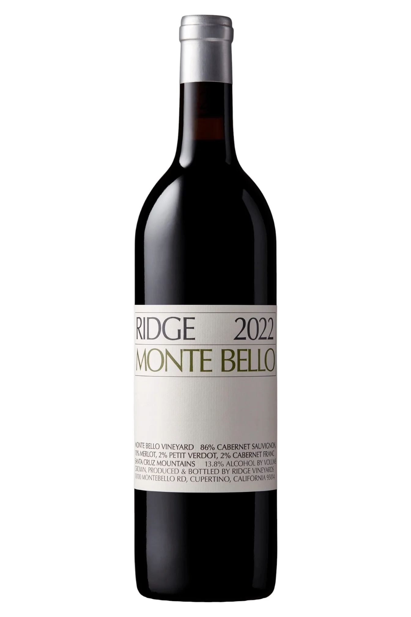 Ridge 2022 Monte Bello Estate Red Wine 86% Cabernet Sauvignon Merlot Petit Verdot Cabernet Franc Santa Cruz Mountains California 98 Points Wine Enthusiast 97 Points Decanter 13.8% ABV 750ml